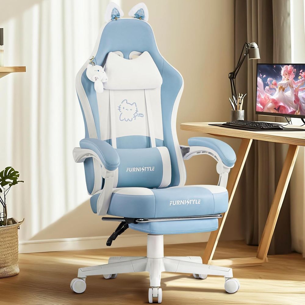 Gaming Chair - Ergonomik Mavi/Beyaz Oyuncu Koltuğu, Bel Desteği